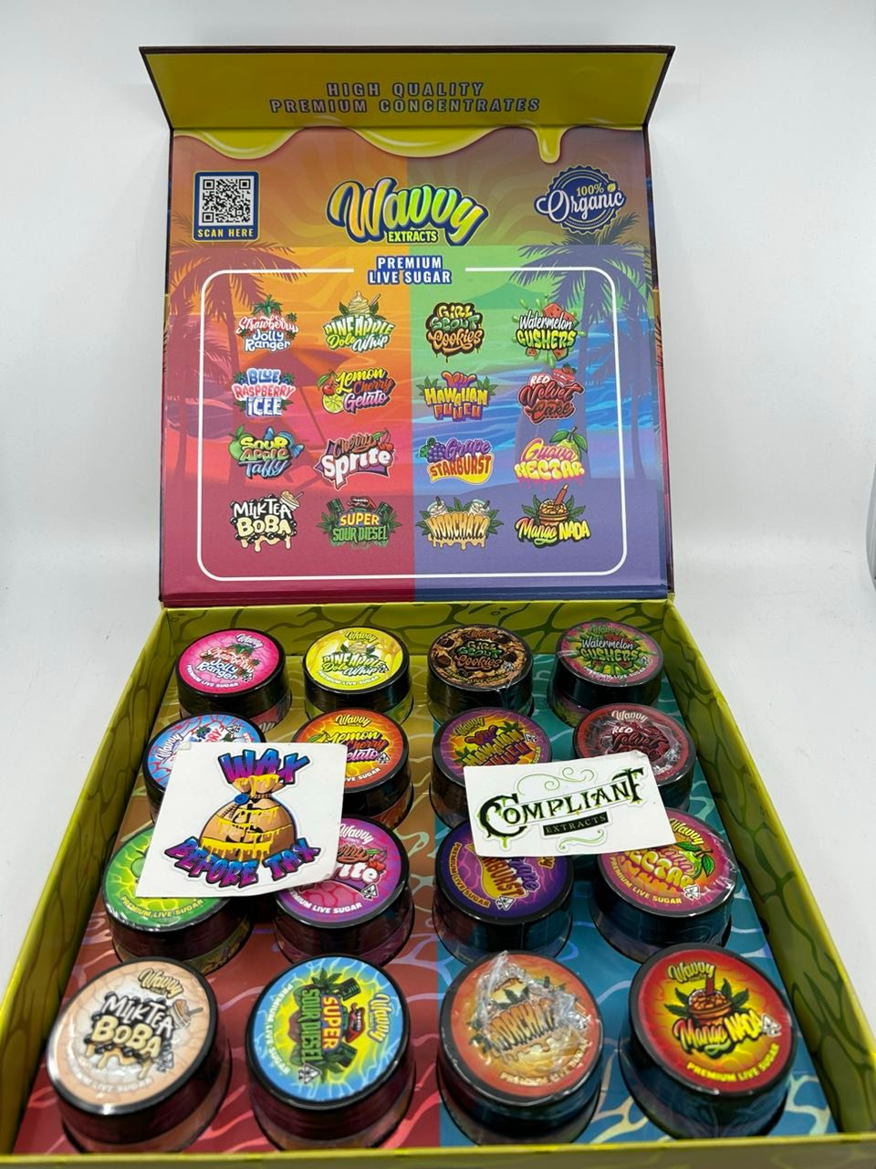 Wavy Extracts Paradise Collection Premium Live Sugar 16oz Box – 16 Strain Variety Pack Wavy Extracts Paradise Collection Premium Live Sugar 16oz Box – 16 Strain Variety Pack